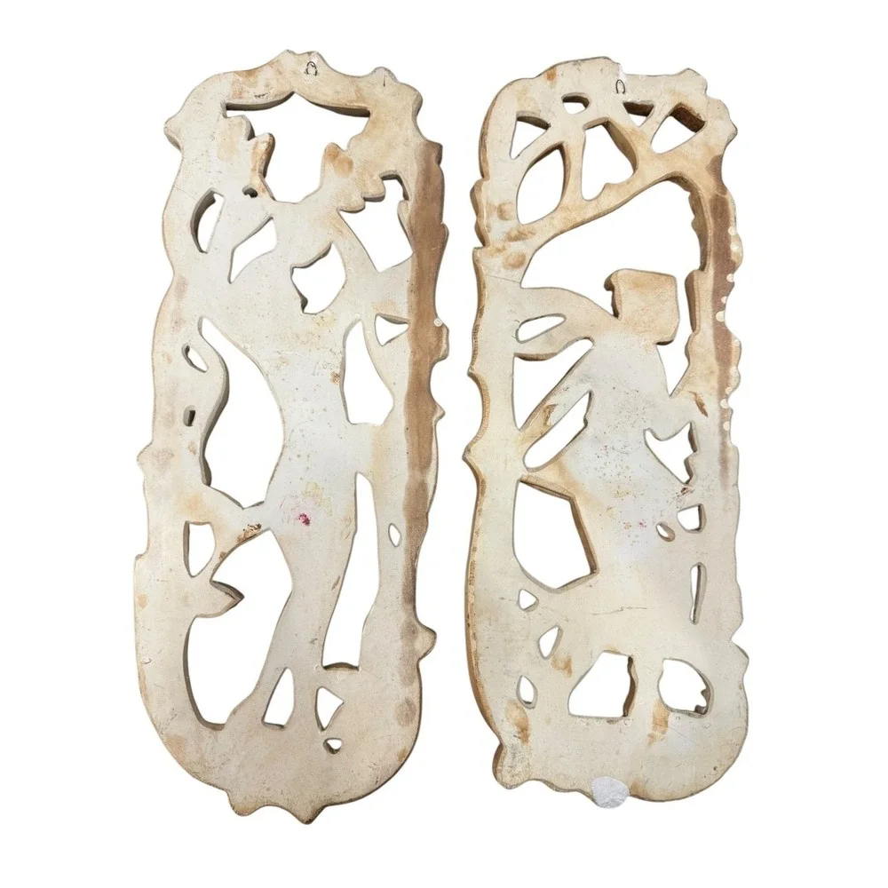 Vintage 70s Art Nouveau Wall Plaques Summer Winter Ivory Gold Plaster Panel Set